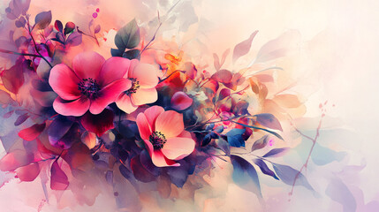 Aesthetics colorful tenderness illustration of floral pattern, beautiful and soft pastel watercolor floral patterns, Soft watercolor painting of pastel colored flowers with watercolor stains.