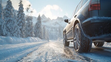 A close-up shot of a black SUV parked on a snowy road surrounded by pine trees and mountains.
