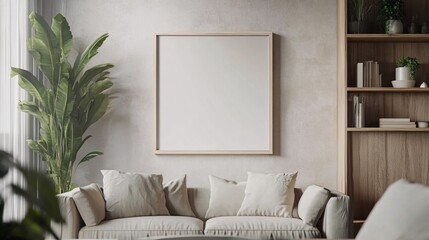 Modern living room featuring a cozy sofa, a large blank frame, and lush green plants, exuding a serene atmosphere.