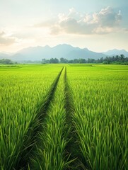 Fototapeta premium Serene Rice Paddy Landscape - Tranquil rice field, sunlit, green plants, mountain backdrop, peaceful nature. Symbolizes growth, abundance, serenity, harmony, and hope.