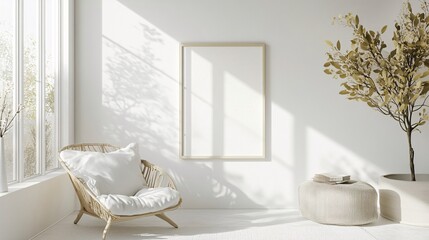 A serene, minimalist living space featuring a cozy chair and natural elements.