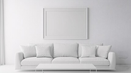Stylish modern white living room featuring a plush white sofa and minimalist decor.