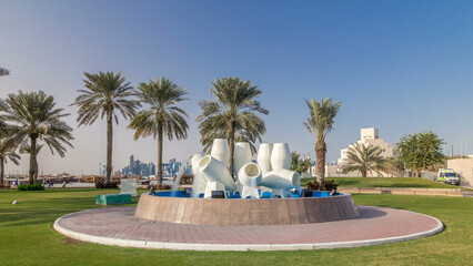 View of the water pots fountain landmark timelapse hyperlapse on the Corniche in Doha