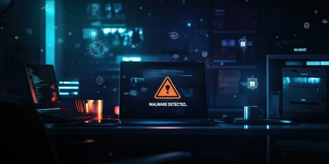 A laptop on a desk in a dark room, with a warning triangle symbol and the words "MALWARE DETECTED"