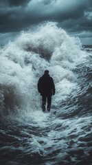 Fototapeta premium A solitary figure stands amidst towering ocean waves, evoking a sense of isolation and nature's power.