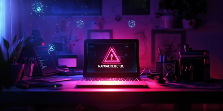 A laptop on a desk in a dark room, with a warning triangle symbol and the words "MALWARE DETECTED"