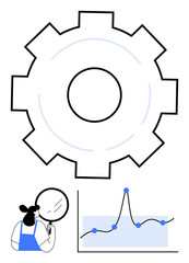 Large gear symbolizing innovation figure examining magnifying glass trend chart with nodes. Ideal for technology, data analysis, innovation, improvement, research, mechanics, progress. Line