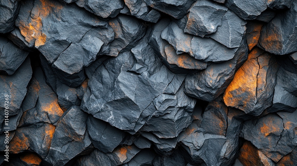 Poster close-up view of a textured rock face with various shades of gray and hints of orange.