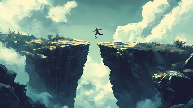 Fortune favors the bold illustrate an adventurer taking a leap of faith across a wide chasm. Chasm. Illustration