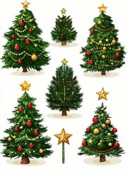 Christmas tree set. Isolated stylized decorated cartoon fir-tree with stars and balls icon collection. Christmas winter holiday celebration symbol decoration illustration