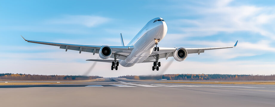 A large commercial airplane is taking off from a runway,landing.