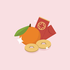 Isolated Chinese red gift money pocket with tangerine. Happy Chinese New Year. Flat vector illustration
