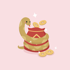 Cute smiling cartoon snake coiled around red bag full of coins. Chinese New Year zodiac sign. Vector illustration.