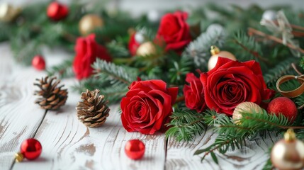 Christmas or New Year arrangement with red roses, pine cones and Christmas ornaments on white wooden table