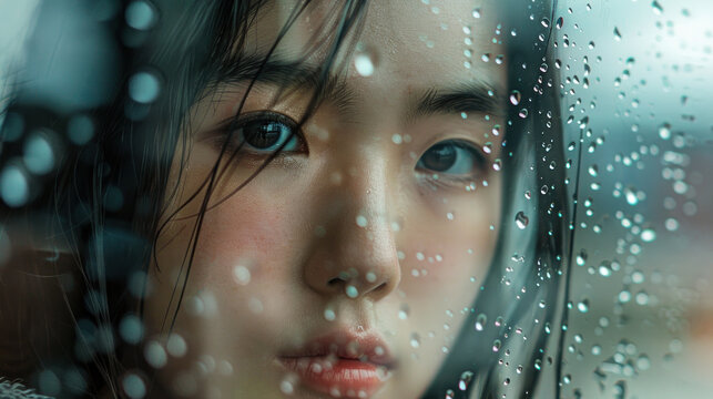 Close-up portrait of a sad Asian woman looking through rainy window glass - Powered by Adobe