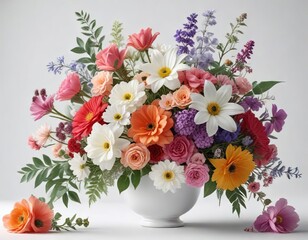 Obraz premium Floral arrangement on white background with mixed flowers, garden flowers, flower arrangement