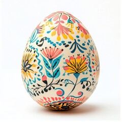 A colorful Easter egg with a painted pattern and delicate details on a white background 