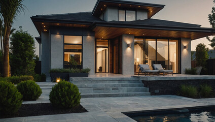 Modern Residence with Patio, Steps, and Pool at Dusk