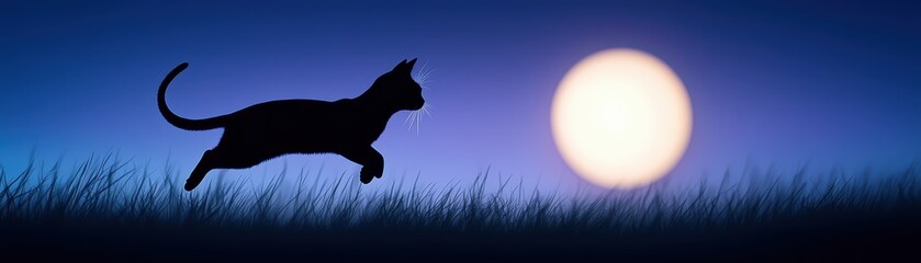 A silhouette of a cat running through grass under a bright moon, set against a twilight blue sky.