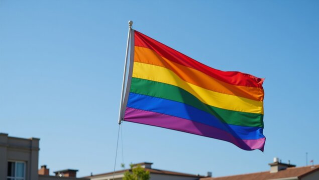 LGBTQ Pride Month Image features an LGBT Flag fluttering against a clear blue sky to celebrate the Gay Pride Movement