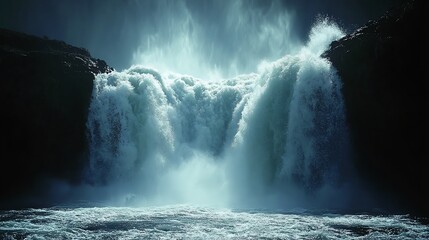Obraz premium A powerful waterfall cascading down rocky cliffs in nature.