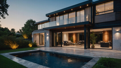 Obraz premium Modern Home with Swimming Pool at Dusk