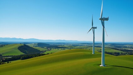 Obraz premium Wind turbines gracefully dotting eco-friendly green landscapes beneath a sunlit sky