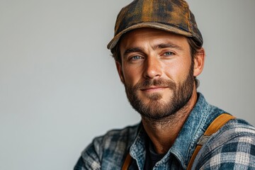 Fototapeta premium Installer in helmet and overalls, with a confident and cheerful expression for versatile campaigns.