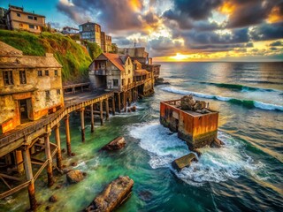 Obraz premium Urban Exploration Photography: Rippled Ocean Water - Abandoned Coastal City, Decaying Architecture, Coastal Ruins, Sea Erosion