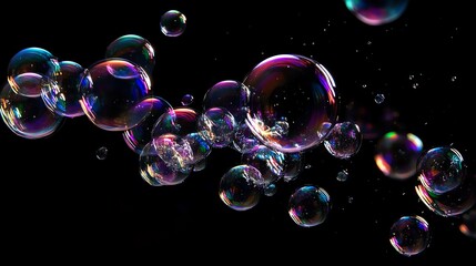 Colorful soap bubbles floating against a dark background.