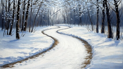 Naklejka premium winter trail, featuring soft brush strokes and a muted color palette of blues and whites. The winding path is set against a backdrop of snow-laden trees