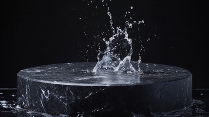 Dynamic water splash over a circular surface against a dark backdrop.