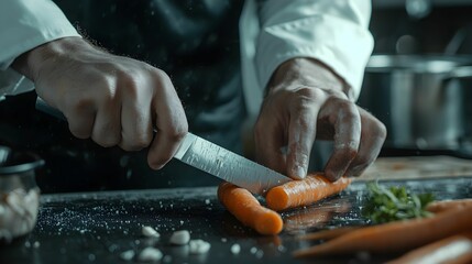 Expert chef prepares fresh carrots with knife on cutting board in kitchen