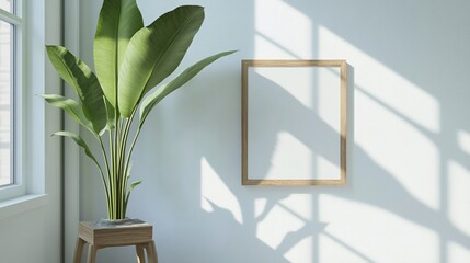 Elegant indoor plant beside a blank wooden frame casting shadows, creating a tranquil and stylish atmosphere.