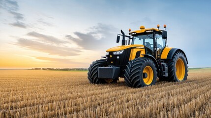 Obraz premium Modern Agricultural Tractor Harvesting Golden Wheat Field at Sunset with Dramatic Sky and Rolling Landscape