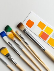 Workspace with Colorful Brushes and Paint Swatches - Artistic workspace featuring vibrant paintbrushes arranged on a white surface alongside a color palette; symbolizing creativity, artistry, painting