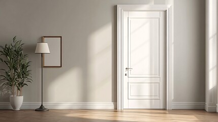 A serene interior featuring a white door, a floor lamp, and a blank frame, creating a calm and inviting atmosphere.