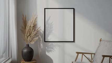 A minimalist living space featuring a blank frame and stylish decor.