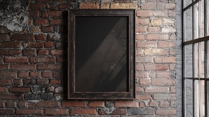 An empty vintage frame against a rustic brick wall, illuminated by natural light from a nearby window.