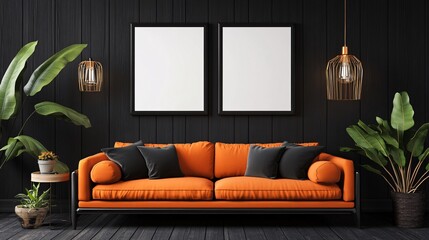 Fototapeta premium Modern living room featuring a stylish orange sofa and artistic decor with greenery.