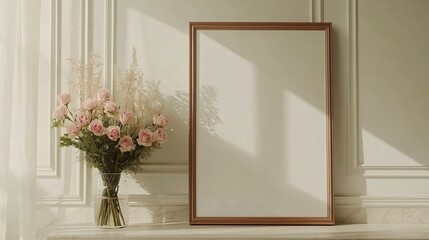 Elegant arrangement of pink roses and dried flowers beside a blank picture frame in a softly lit room.