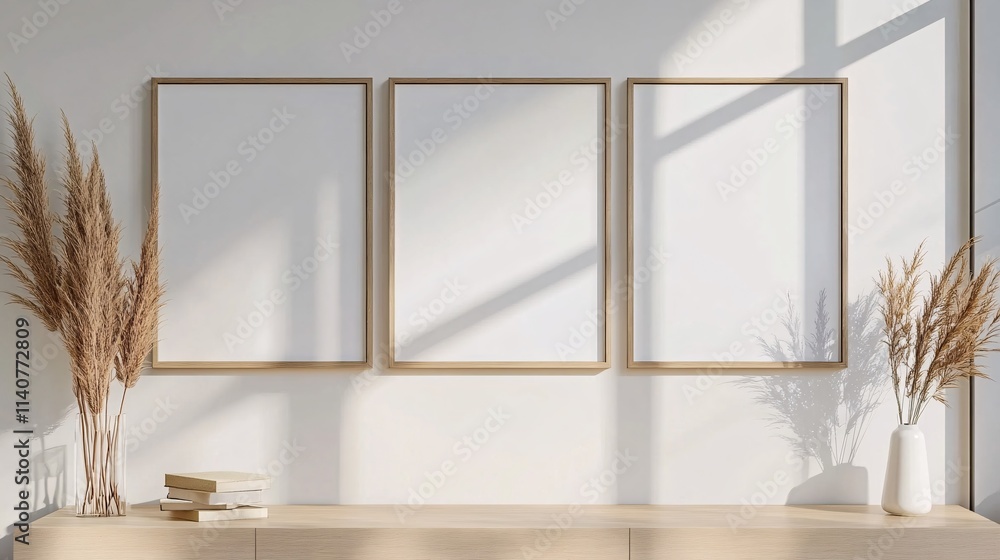 Poster minimalist art display featuring three empty frames and decorative grasses in a bright, modern setti
