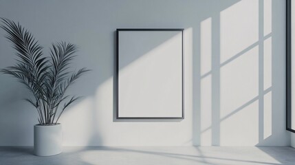 Minimalist interior featuring a blank frame and a potted plant, illuminated by soft natural light.