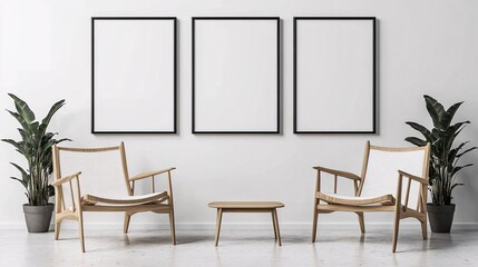 Modern living room with two stylish wooden chairs and a coffee table, set against a bright wall with three empty frames.