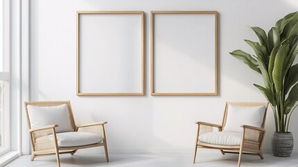 Modern minimalist living space featuring two empty frames and cozy rattan chairs.