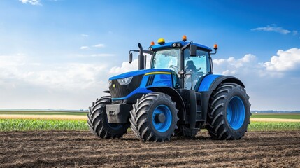 Fototapeta premium Modern blue tractor on field with bright sky and clouds, agricultural machinery in rural landscape