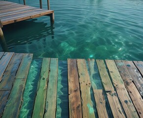 Glistening blue green water reflected in the wooden dock, calm, peaceful, lake