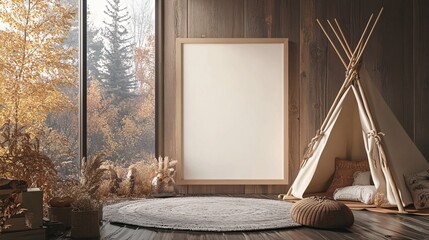 Cozy living space with a bohemian flair featuring a large frame and a teepee in autumn tones.