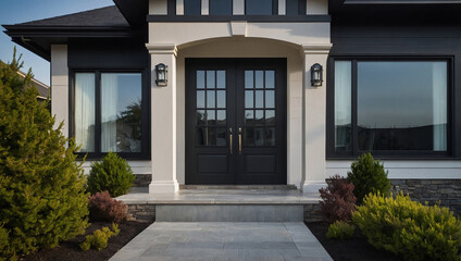Obraz premium Modern Home Exterior with Black Double Doors and Stone Pathway