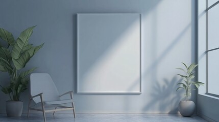A serene interior with a minimalist blue wall, a blank canvas, and lush greenery creating a calming atmosphere.